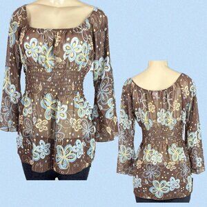 Jordache M Jrs Sheer Brown Floral Shirred Waist 3/4 Sleeve On/Off Shoulder Top